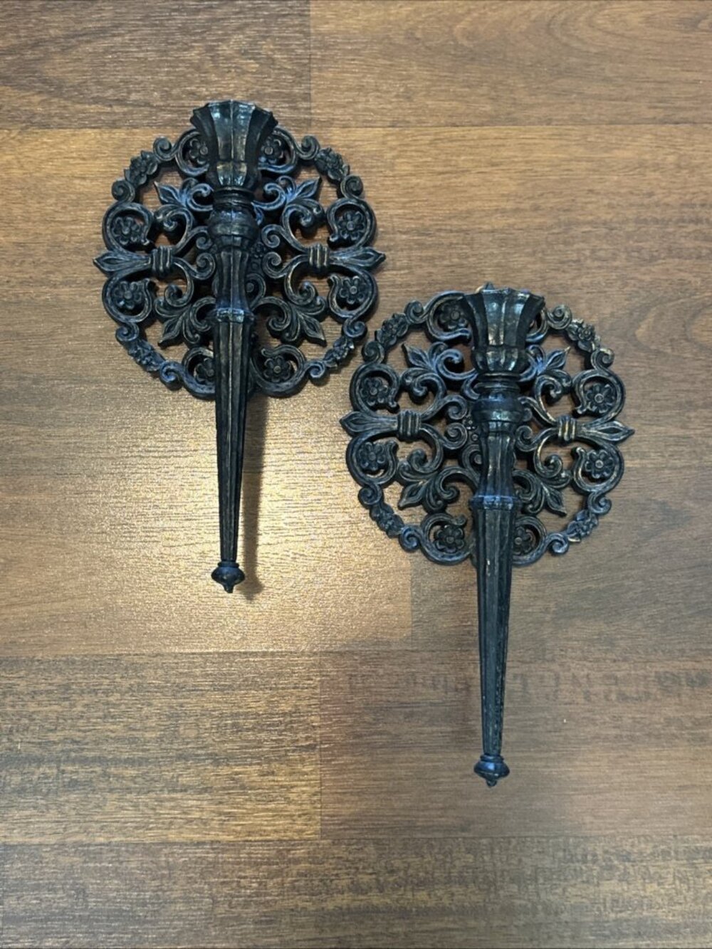 VTG MCM Set Homco Black Gold Candle Wall Sconce Gothic Floral Decor Ornate